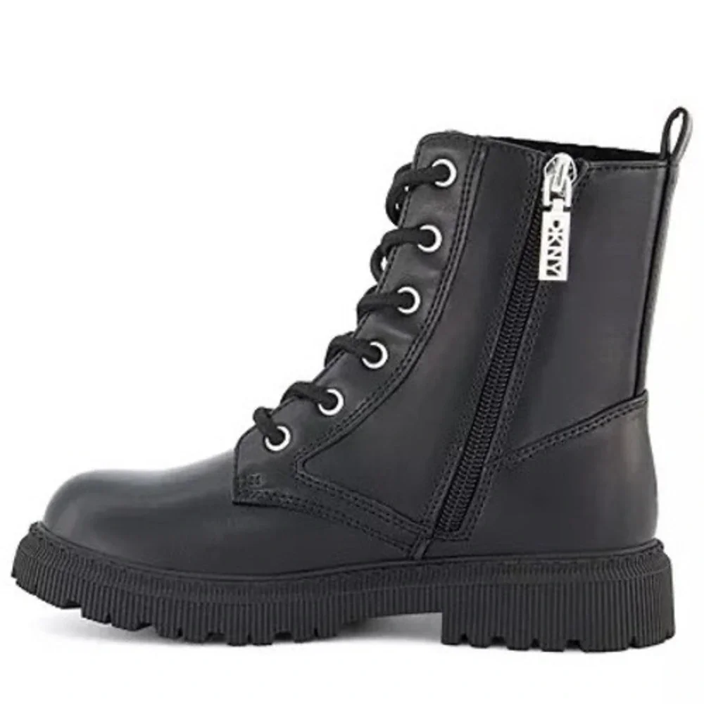 DKNY Kids Black Ava Menia Combat Boots Rhinestone Cuff Side Zip Lace Up Sz 2 NEW